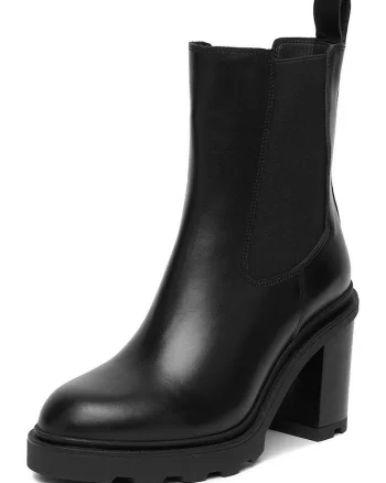 Botine dama,  piele naturala, negru, toc stabil,