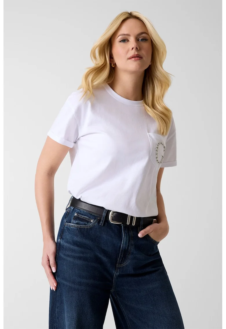 Tricou din bumbac cu buzunar pe piept si aplicatie cu margele, Alb/Argintiu