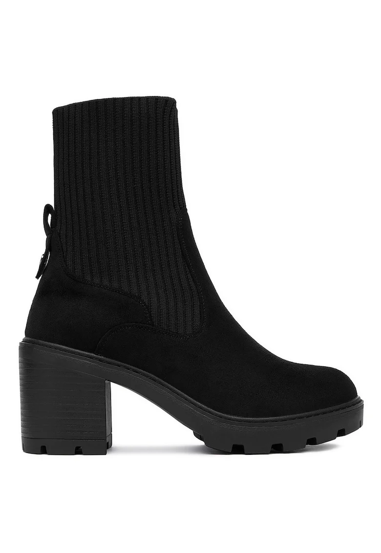 Botine dama,  material textil, negru, toc gros,