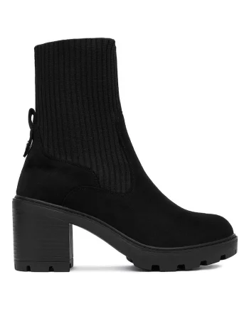 Botine dama,  material textil, negru, toc gros,