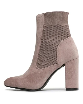 Botine dama,  material textil, tocul bloc, bej,