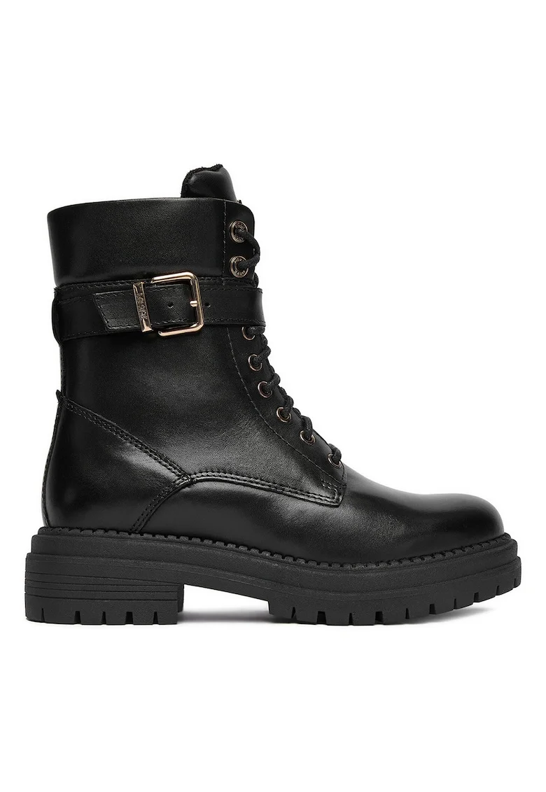 Ghete dama,  piele naturala, talpa groasa, catarama decorativa, negru,