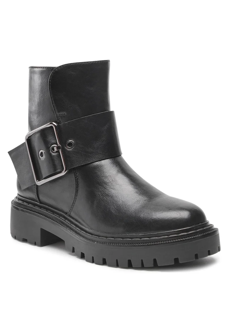 Cizme dama,  piele ecologica, negru, catarama laterala, talpa groasa,