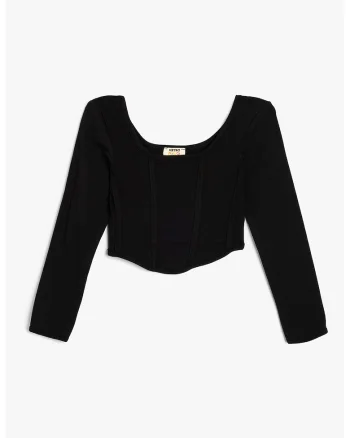 Bluza crop cu decolteu rotund, Negru,