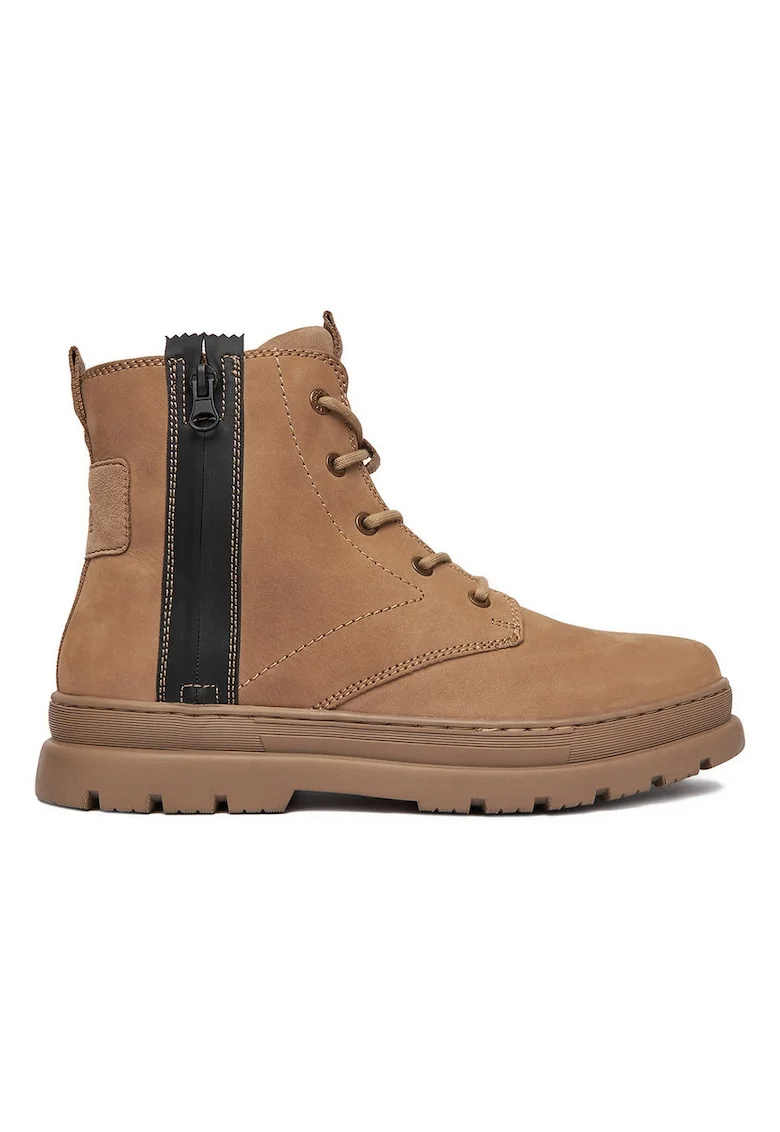 Ghete barbatesti,  piele naturala, bej, fermoar, platforma stabila,
