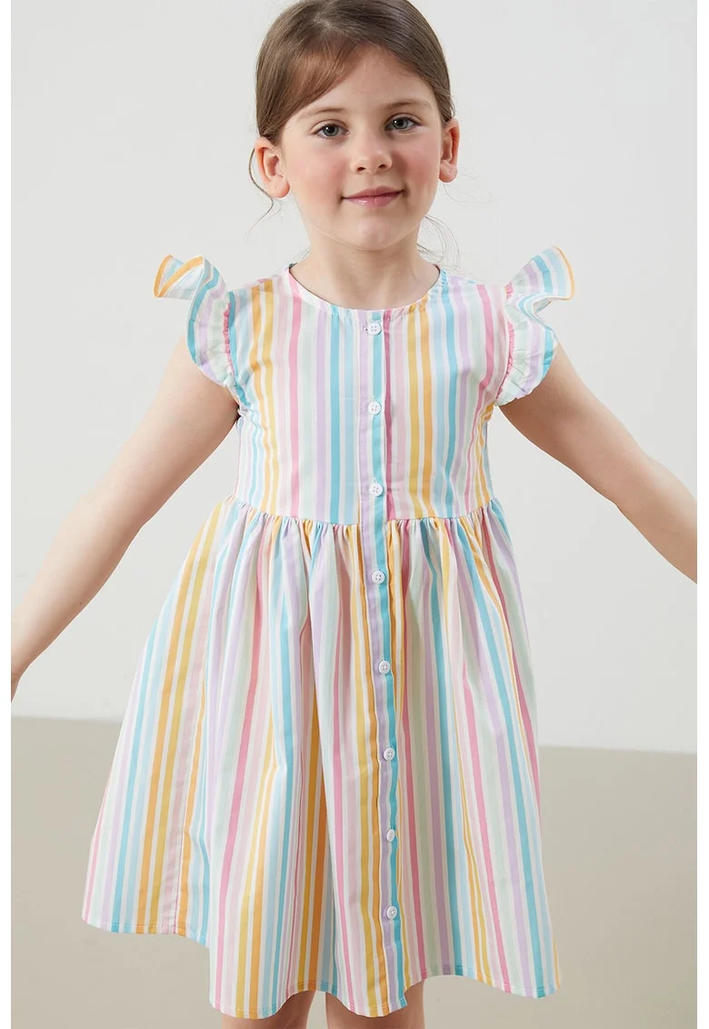 Rochie din bumbac cu model in dungi si maneci cu volane, Roz/Albastru