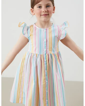Rochie din bumbac cu model in dungi si maneci cu volane, Roz/Albastru