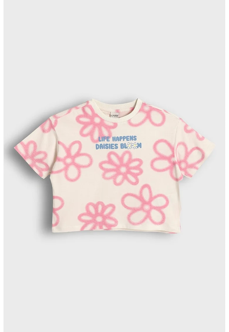 Tricou crop cu imprimeu floral, Roz pastel/Piersica