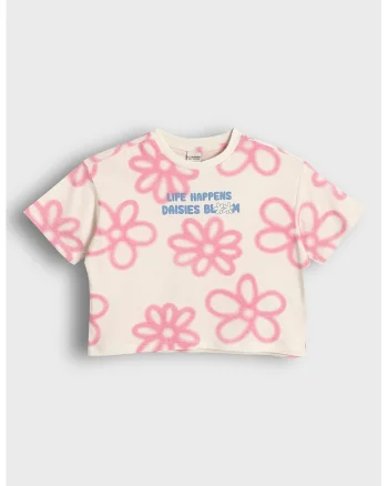 Tricou crop cu imprimeu floral, Roz pastel/Piersica