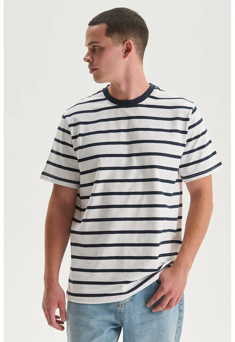 Tricou cu decolteu la baza gatului si model in dungi, Negru stins/Alb murdar