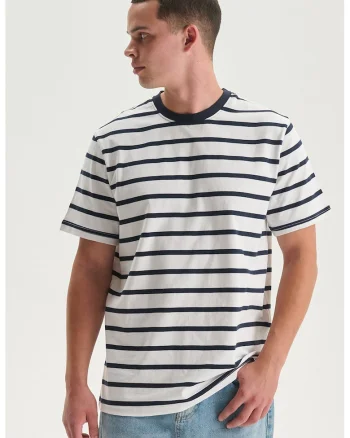 Tricou cu decolteu la baza gatului si model in dungi, Negru stins/Alb murdar