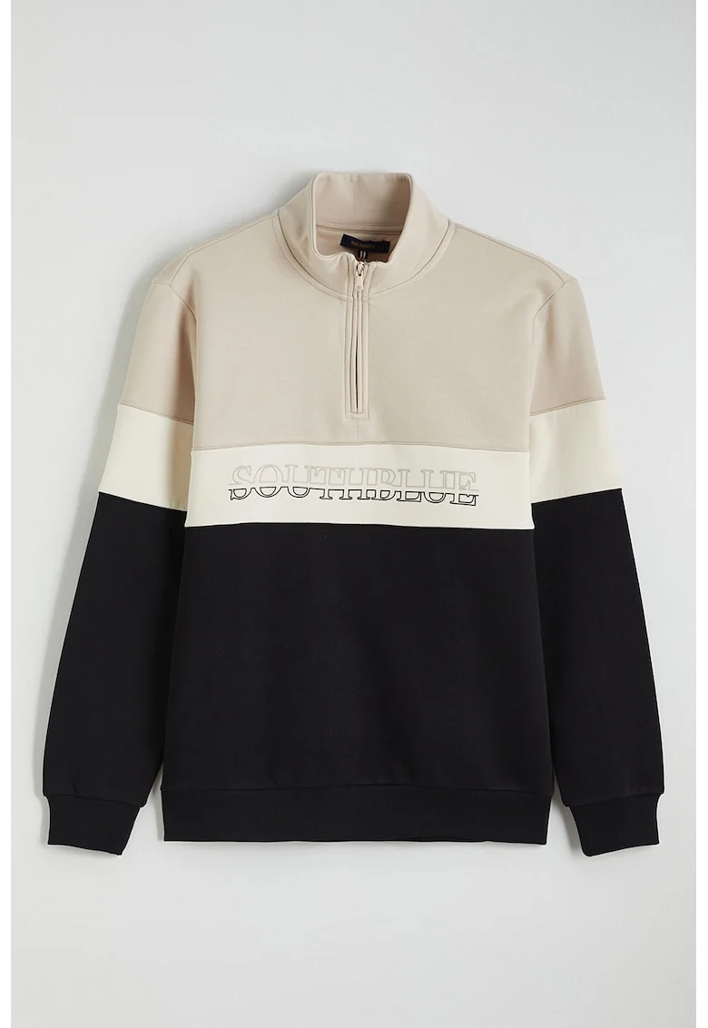 Bluza de trening cu model colorblock, Alb/Negru/Maro camel