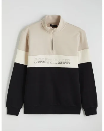 Bluza de trening cu model colorblock, Alb/Negru/Maro camel