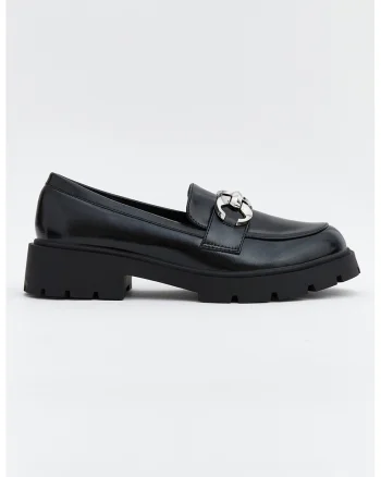 Pantofi loafer de piele ecologica cu detaliu de lant, Negru
