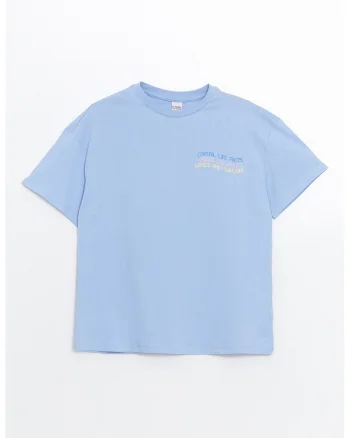 Tricou de bumbac cu model text, Albastru lavanda