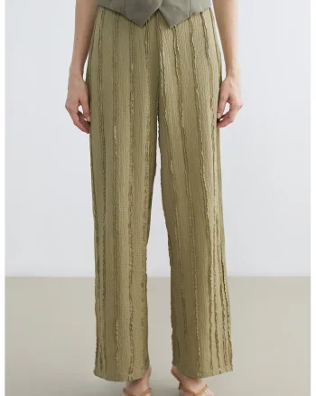 Pantaloni drepti texturati cu croiala ampla, Kaki