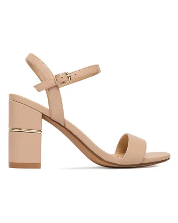 Sandale dama,  piele ecologica, bej, toc clasic
