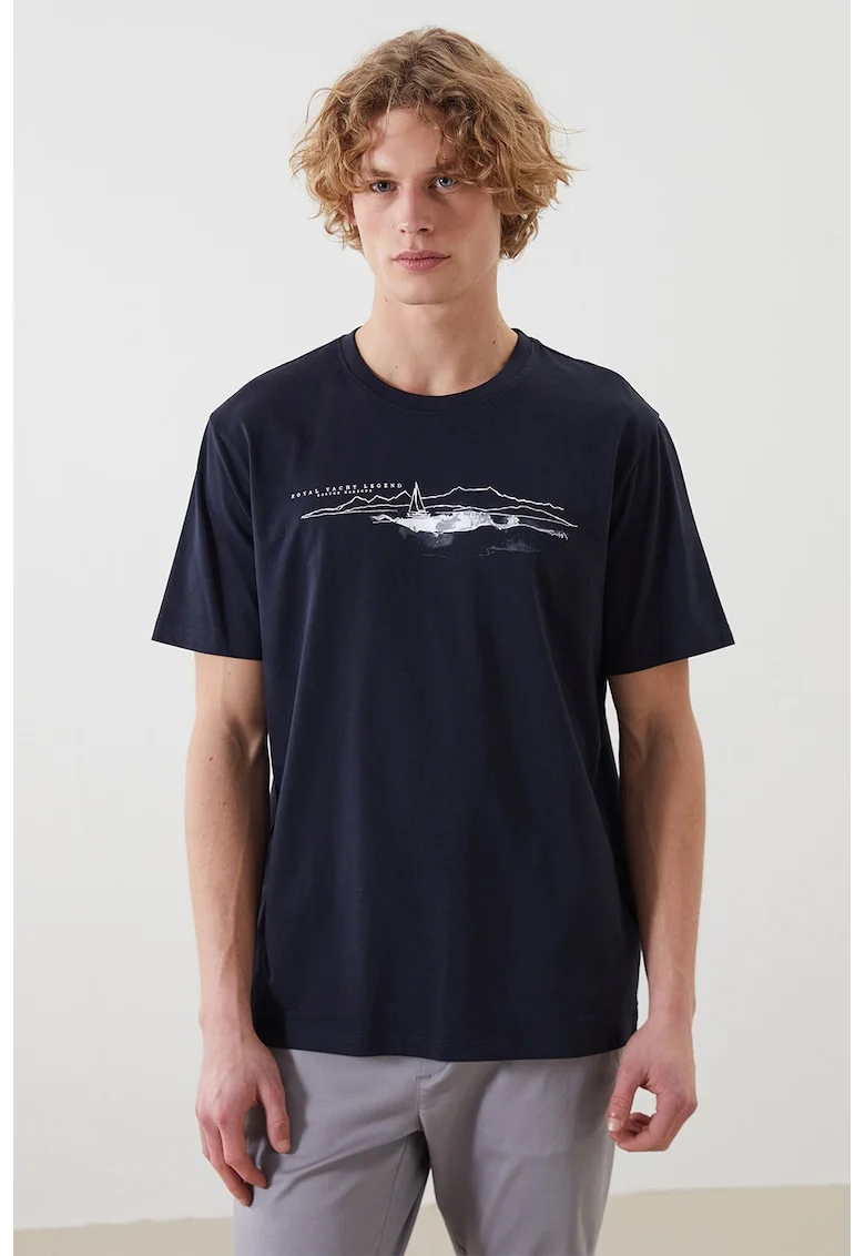 Tricou din bumbac cu decolteu la baza gatului, Alb/Albastru ultramarin