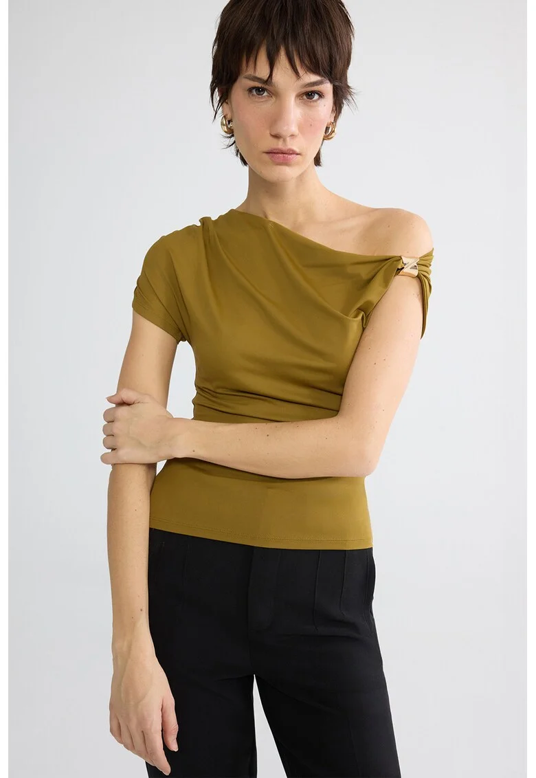 Bluza asimetrica drapata cu decolteu pe un umar, Verde masliniu