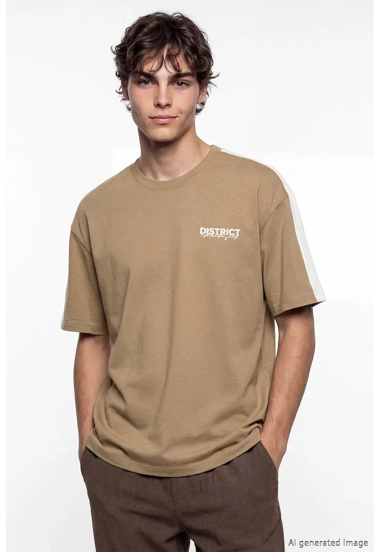 Tricou din amestec de bumbac cu decolteu la baza gatului, Maro camel