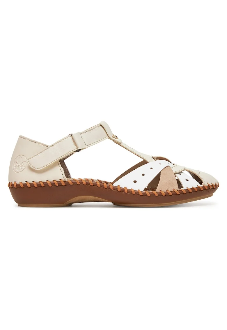Sandale dama,  sintetic, bej/alb, velcro