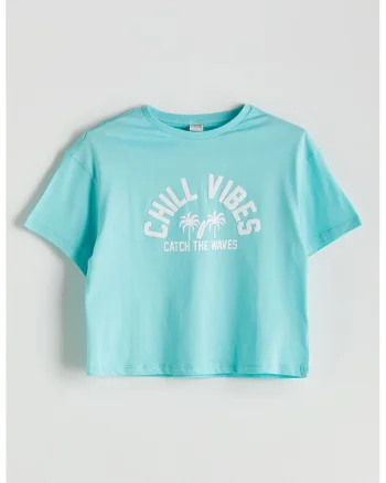 Tricou cu decolteu la baza gatului si text, Turcoaz