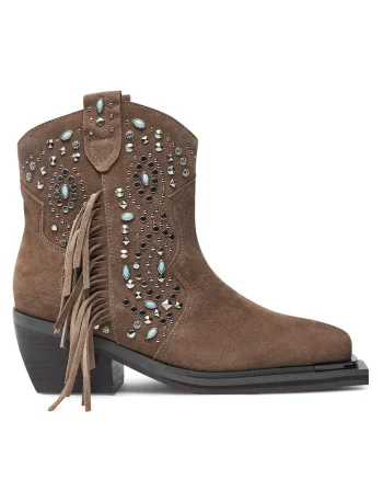 Cizme cowgirl dama,  piele intoarsa cerata, maro, confortabile,