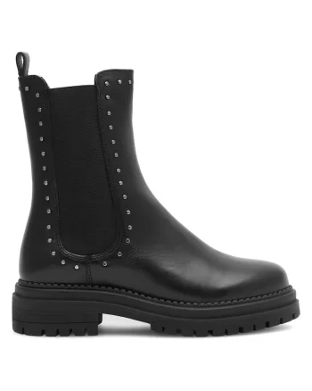 Botine dama,  piele naturala, negru, toc plat, fermoar,