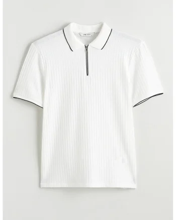 Tricou polo cu fenta cu fermoar, Negru/Alb murdar