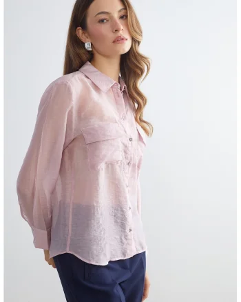 Camasa semitransparenta din amestec de lyocell cu buzunare cu clapa, Roz pastel