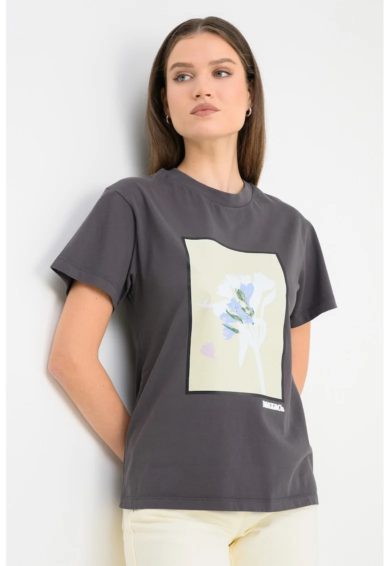Tricou de bumbac cu decolteu la baza Oguno, Alb optic/Gri antracit/Crem