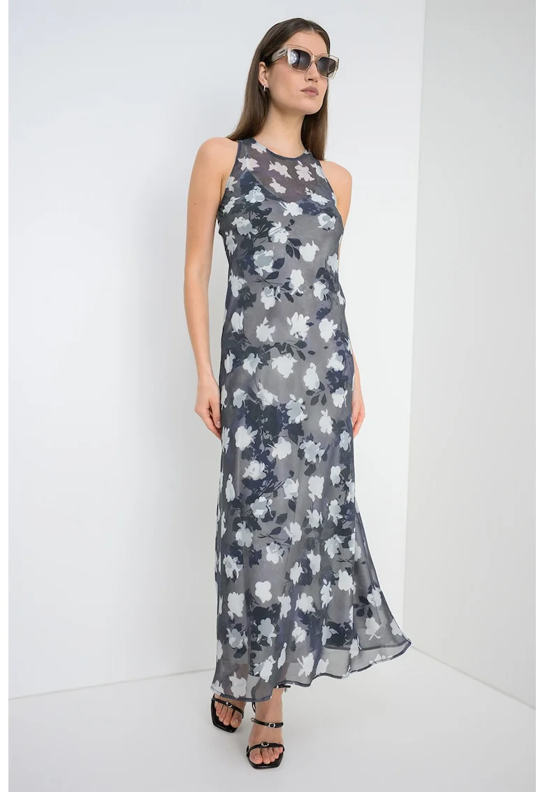 Rochie cu model floral si aspect 2in1 Epopea, Alb murdar/Gri antracit/Gri inchis