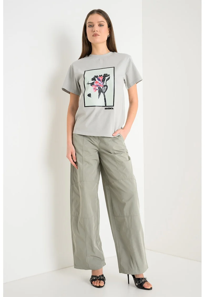 Tricou de bumbac cu decolteu la baza Oguno, Negru/Gri cenusiu/Verde pal