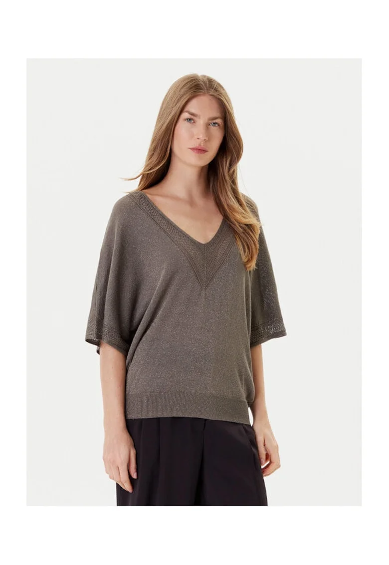 Tricou dama,  viscoza/poliester/fibra metalica, maro,