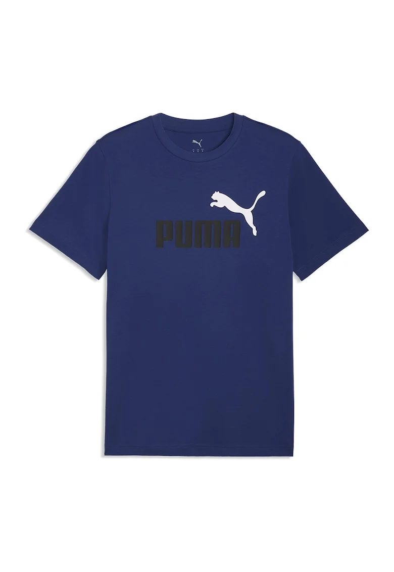 Tricou cu decolteu la baza gatului si imprimeu logo Essentials 2, Alb optic/Bleumarin