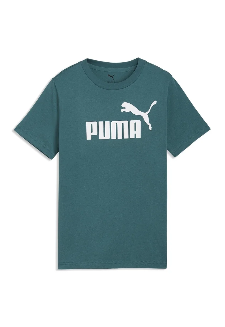 Tricou de bumbac cu decolteu la baza gatului si logo ESS No 1, Alb/Verde smarald