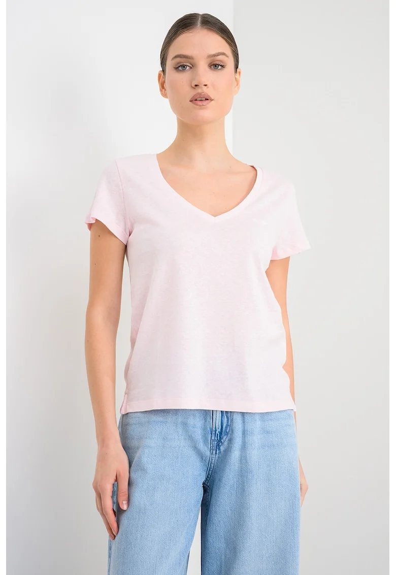 Tricou din bumbac si in cu decolteu in V Megan, Roz pal