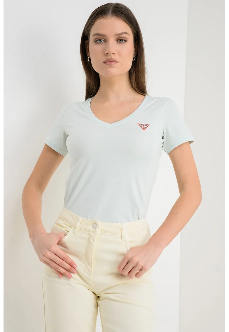 Tricou slim fit cu decolteu in V, Albastru aquamarin