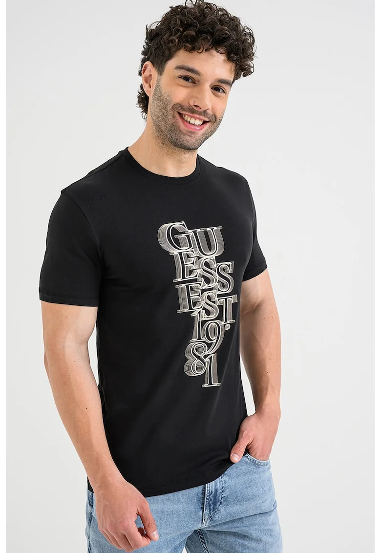 Tricou din amestec de bumbac cu imprimeu logo frontal, Alb/Negru/Bej