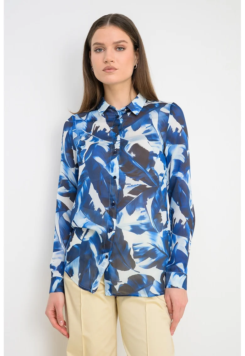 Camasa vaporoasa cu model floral, Alb/Albastru