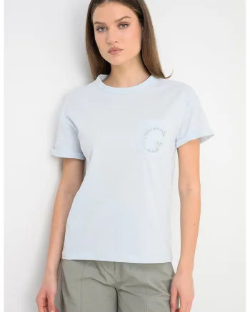 Tricou din bumbac cu buzunar pe piept si aplicatie cu margele, Albastru deschis