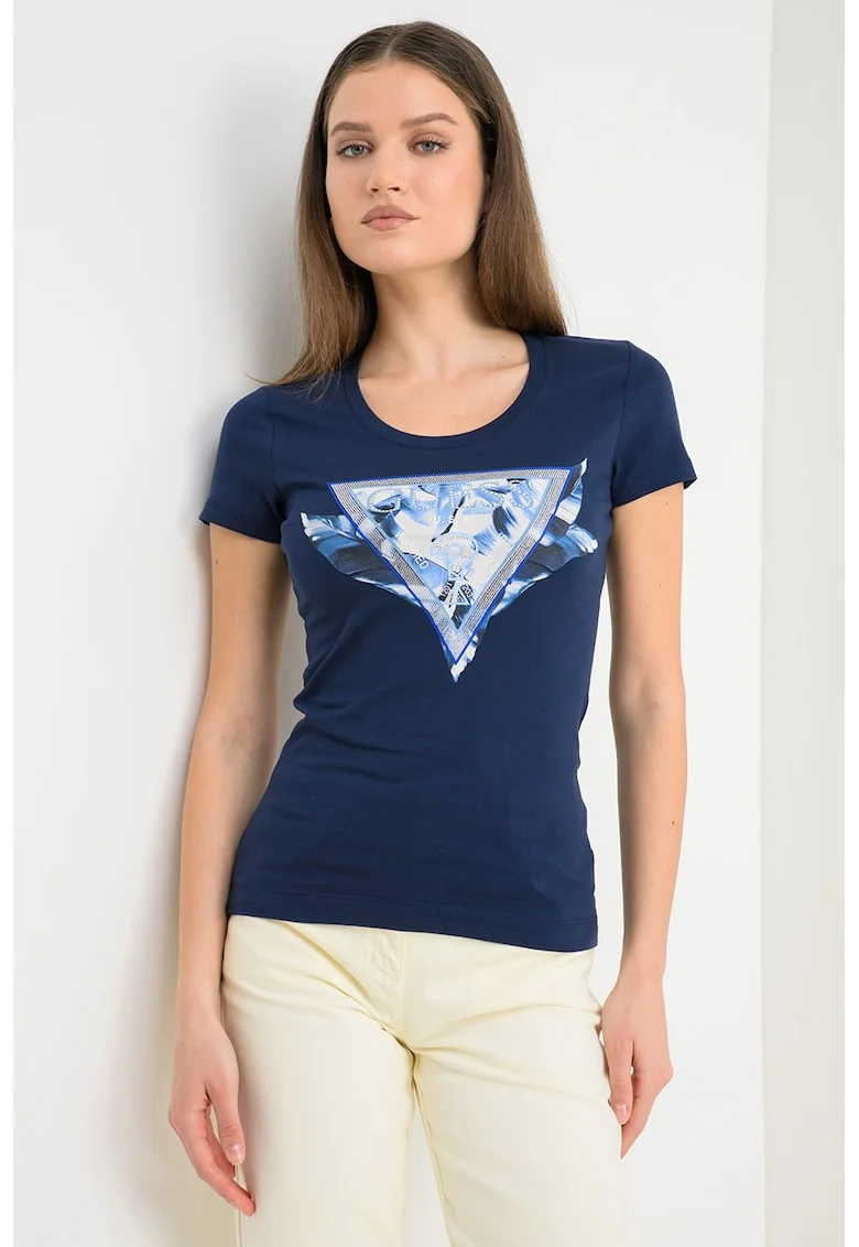 Tricou slim fit cu logo, Alb/Bleumarin