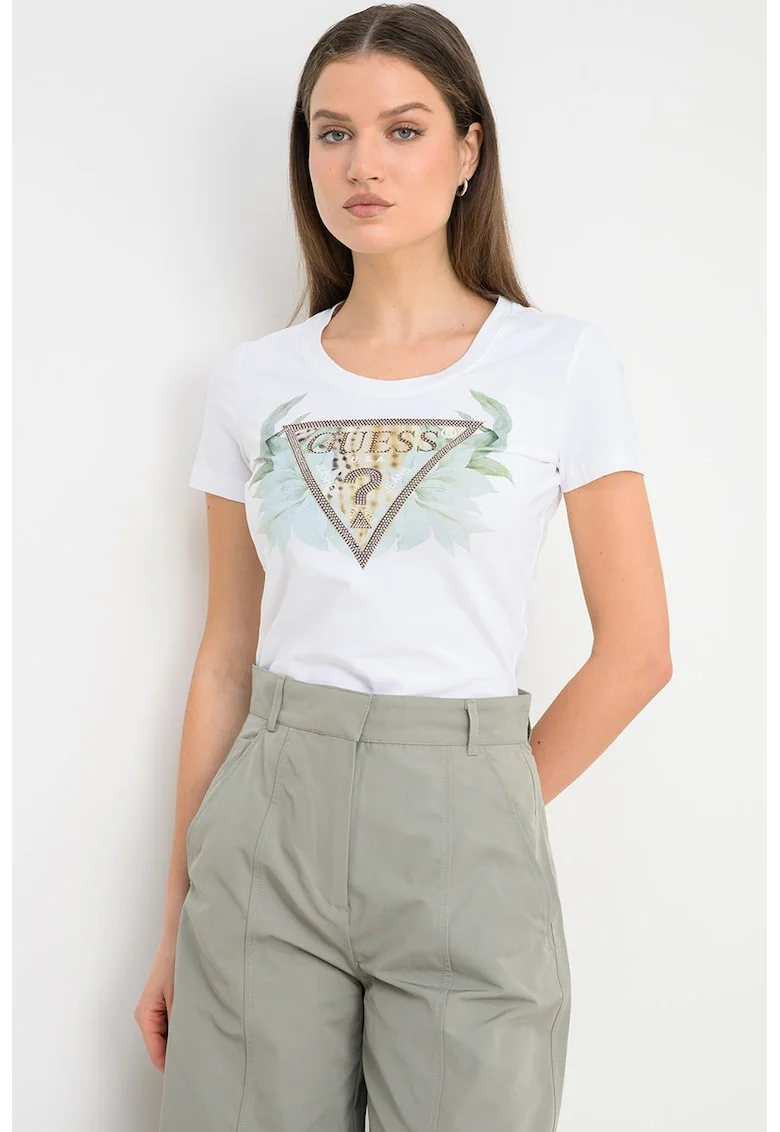 Tricou cu impriemu si decolteu la baza gatului, Alb/Verde
