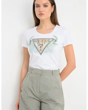 Tricou cu impriemu si decolteu la baza gatului, Alb/Verde
