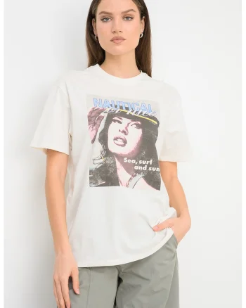 Tricou de bumbac cu model grafic, Alb fildes/Roz/Albastru