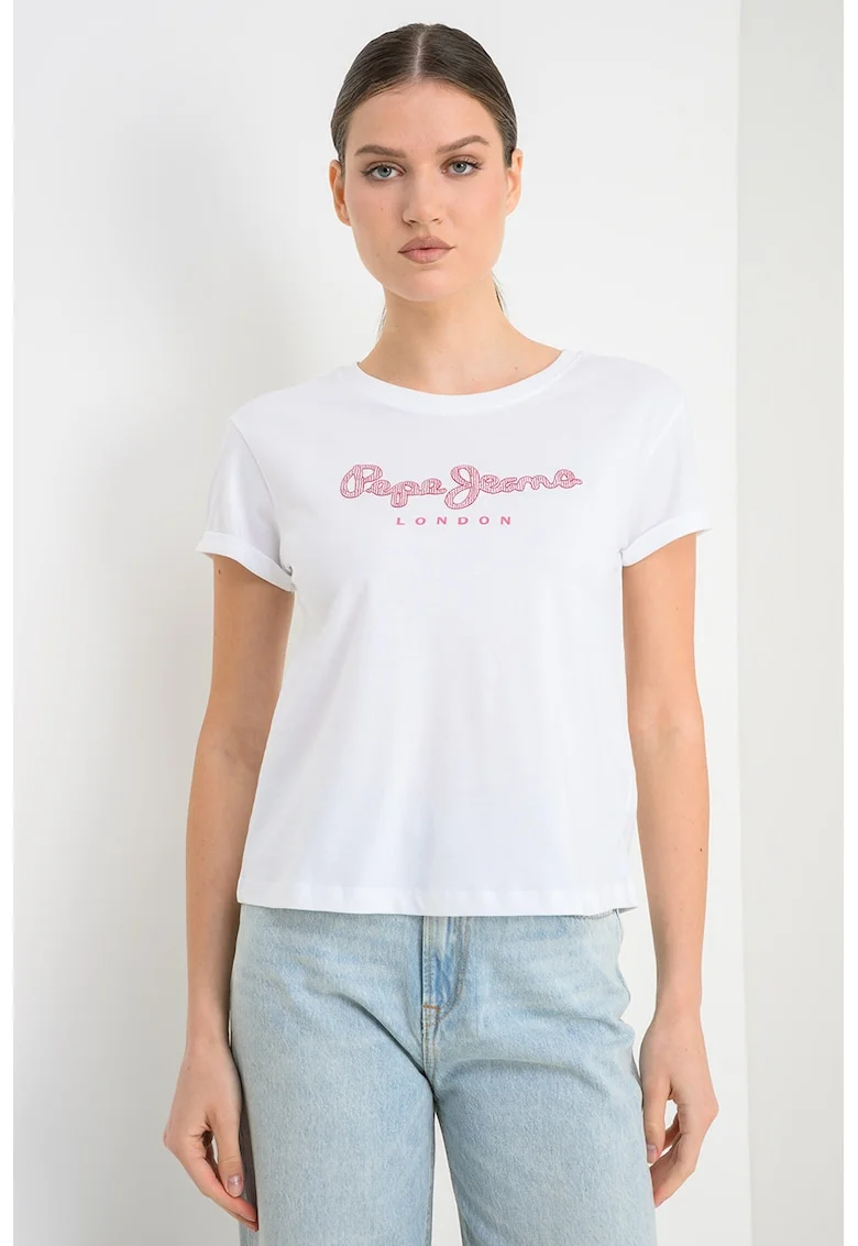 Tricou din bumbac cu broderie Nadda, Alb/Rosu inchis