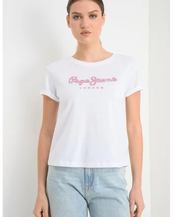 Tricou din bumbac cu broderie Nadda, Alb/Rosu inchis