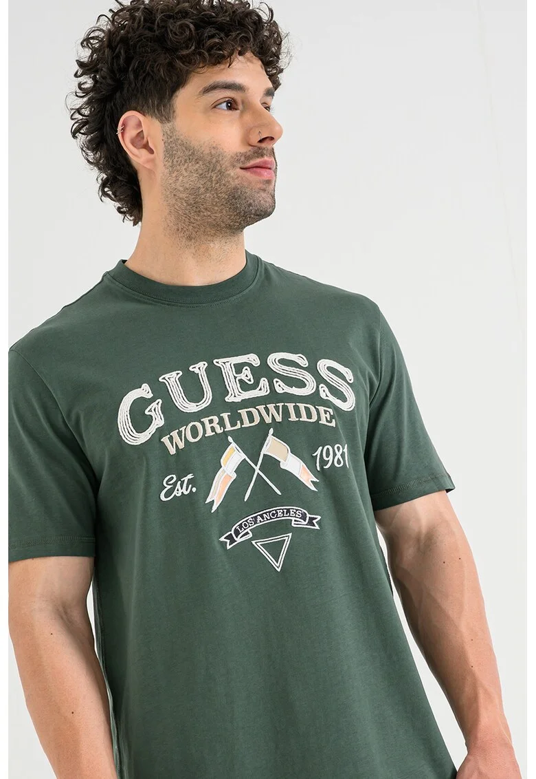 Tricou de bumbac cu logo brodat, Alb/Portocaliu/Verde englez