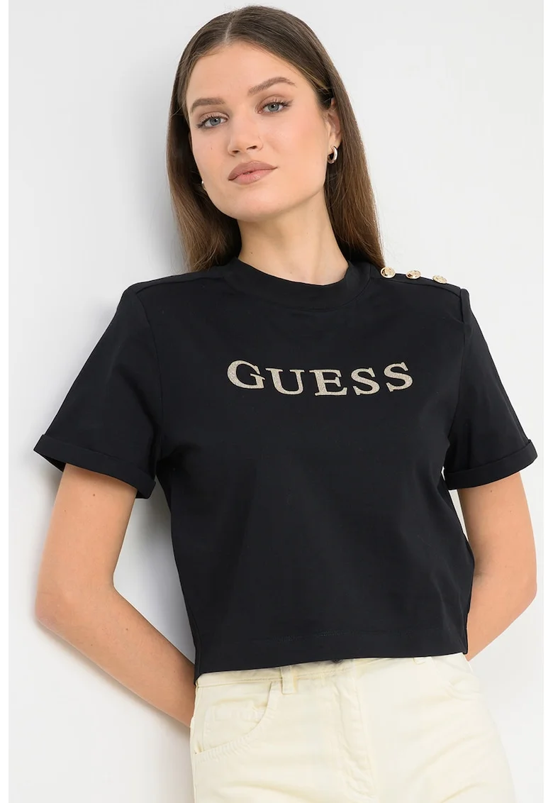 Tricou de bumbac cu imprimeu logo, Auriu/Negru