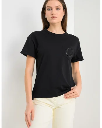 Tricou din bumbac cu buzunar pe piept si aplicatie cu margele, Negru